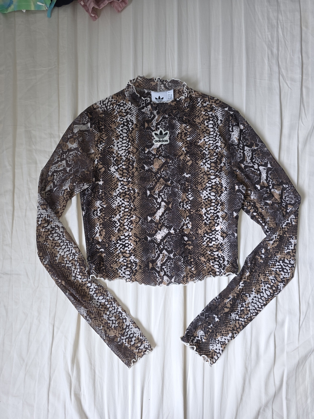 Adidas Snake Print Long Sleeve Cropped Top - Brown/Black/White